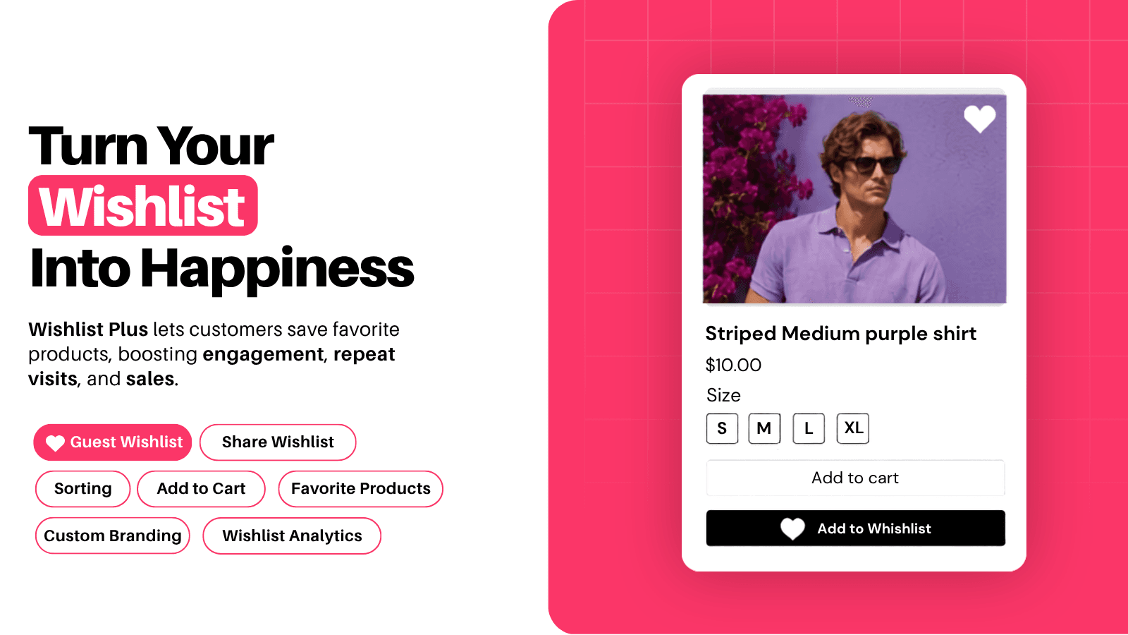 Wishlist Plus app banner showing wishlist features on a Shopify storefront